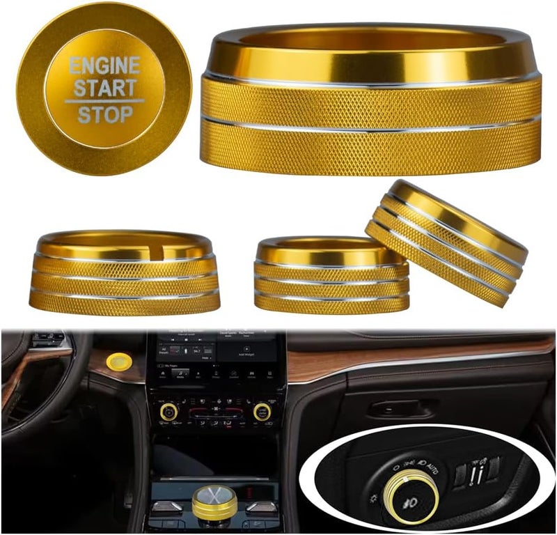 HDUFC for Jeep 2022-2025 Grand Cherokee/Grand Cherokee 4xe/Grand Cherokee L car Interior 6-Piece Set, Shift Switch, air Conditioning Adjustment, Headlight Switch knob, Start Button Cover/Ring (Gold) - Image 1